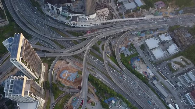 Aerial view of elevated highway with busy traffic in Damansara, Malaysia.