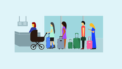 Passengers with luggage in queue waiting check-in counters in terminal airport.