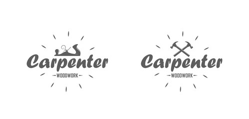 Set of carpenter logos in black and white. Vector illustration of a planer, crossed hammers and text with rays. Professional carpenter services.