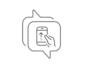 Swipe up phone line icon. Chat bubble design. Scrolling arrow sign. Landing page scroll symbol. Outline concept. Thin line swipe up icon. Vector