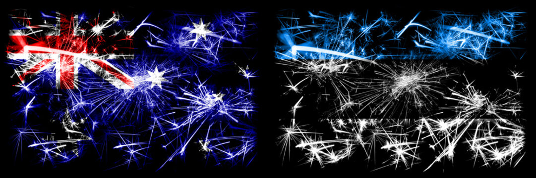 Australia, Ozzie vs Estonia, Estonian New Year celebration sparkling fireworks flags concept background. Combination of two abstract states flags. - Powered by Adobe
