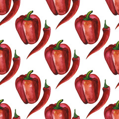 Watercolor red pepper. Mexican food. Seamless pattern