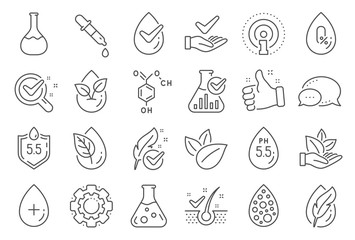 No artificial colors, Anti-dandruff flakes free line icons. Dermatologically tested, Alcohol free and Paraben chemical formula icons. Hypoallergenic tested, Neutral ph and Organic. Vector