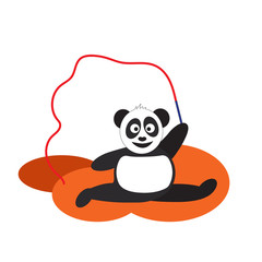 Panda is engaged in artistic gymnastics with a ribbon. Panda bear at a rhythmic gymnastics competition with a stick and ribbon. Isolate on a white background, stock vector illustration.