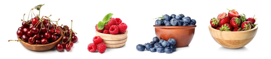 Bowl with ripe cherries on white background