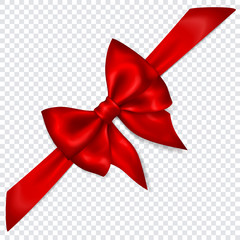 Beautiful red bow with diagonally ribbon with shadow on transparent background. Transparency only in vector format