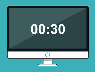Modern isolated wide inch vector monitor. Widescreen monitor with time on screen. Glossy screen. The white leg of the monitor. MAC monitor.