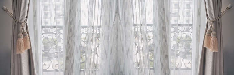 White blinds curtain decoration on the door with copy space.