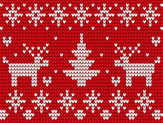 Fototapeta na wymiar Holiday decorative background vector. Winter sweater with embroidery of snowflakes and reindeers, fir or spruce. Xmas white ornament seamless pattern illustration. Christmas celebration backdrop