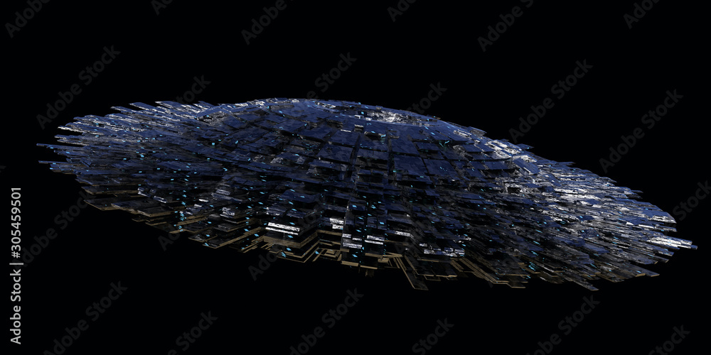 Wall mural ufo, extraterrestrial visitors with alien spaceship (3d space rendering isolated on black background