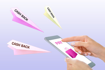 Woman using mobile phone payment purchases, cash back. Shopping online concept.