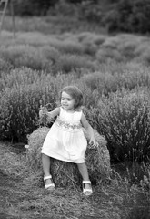 baby in a white dress plays with hay in a lavender field