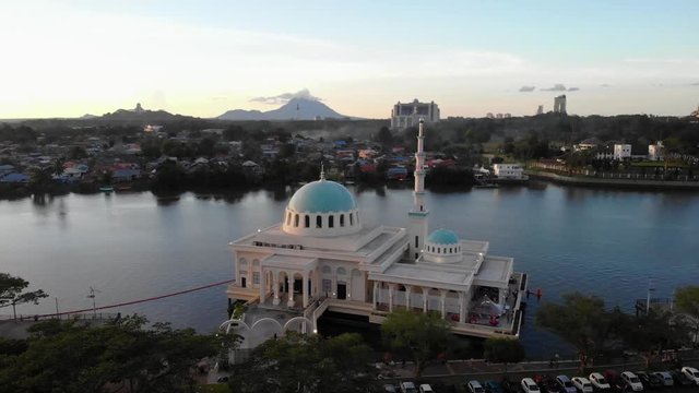Aerial view of the beautiful floating mosque of Kuching  or also known as masjid india during sunset