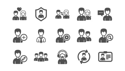 User person icons. Profile, Group and Support. People classic icon set. Quality set. Vector