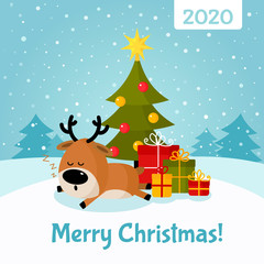 Santa deer sleeps under Christmas tree with gifts