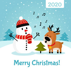 Snowman with deer singing song near Christmas tree