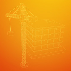Building under construction with crane. Build house construct in process. Wireframe low poly mesh vector illustration