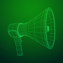 Megaphone or bullhorn for amplifying voice for protests rallies or public speaking. Wireframe low poly mesh vector illustration