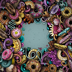 Donuts hand drawn doodles illustration. Sweets frame card design.