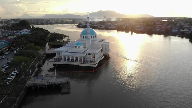 Aerial view of the beautiful floating mosque of Kuching  or also known as masjid india during sunset