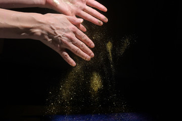 Fototapeta na wymiar Woman Hands Drop Glitter Sparkles