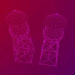 Water tower. Industrial construction with water tank. Wireframe low poly mesh vector illustration.