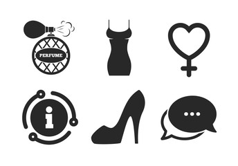 Sexy shoe sign. Chat, info sign. Women dress icon. Perfume glamour fragrance symbol. Classic style speech bubble icon. Vector
