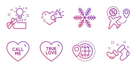 Flight sale, Snowflake and Creative idea line icons set. Call me, True love and World travel signs. Love message, Santa boots symbols. Travel discount, Air conditioning. Holidays set. Vector