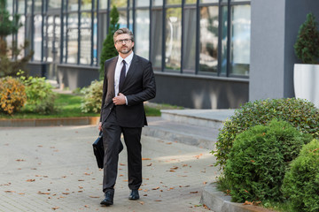 handsome diplomat in glasses holding briefcase and walking near building