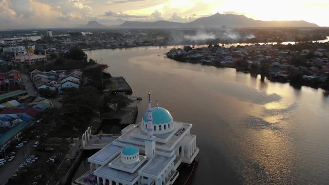 Aerial view of the beautiful floating mosque of Kuching  or also known as masjid india during sunset