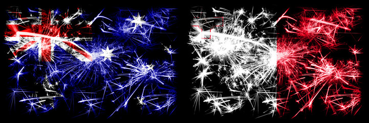 Australia, Ozzie vs Malta, Maltese New Year celebration sparkling fireworks flags concept background. Combination of two abstract states flags.