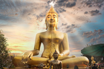 Buddhism concept idea photo, halo on head of Buddha, sun light on Buddha statue