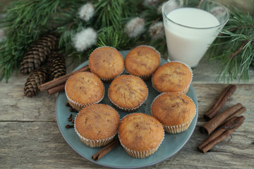 Winter breakfast with muffins and milk