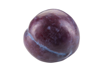 Smooth-skinned, mellow, purple plum fruit isolated on white background with copy space for text or images. Side view. Close-up shot.