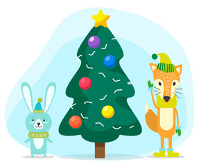 Obraz na płótnie Canvas Cute animals wearing winter warm clothes knitted from wool. Fox and bunny standing by pine tree decorated with baubles and garlands. Furry rabbit with hat and scarf by spruce. Vector in flat