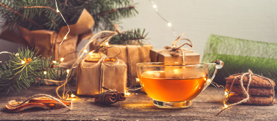 Christmas zero waste, eco friendly packaging gifts  kraft paper wooden table, eco christmas holiday concept, eco decor banner abstract background  festive winter background.Christmas  new year concept