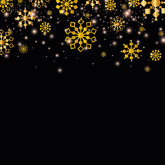 Gold Snow Falling on Black Background. Golden Snowflakes. Luxury Festive Background for your Christmas and New Year Design of Banners, Cards, Posters, Wallpaper. Winter Frost Print. Holiday Frame.