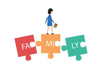 Family. A sad little girl with a teddy bear goes on puzzle blocks. The concept of an incomplete family, divorce of parents, loneliness, no friends. Flat vector illustration on white background