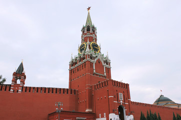 Moscow Kremlin on the Red Square in Russia. Spasskaya Tower of the Kremlin Palace 