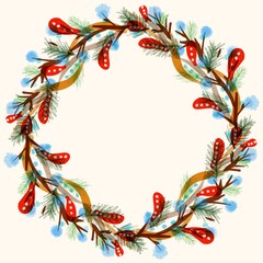 Christmas wreath with painted branches of brown and green colors for Christmas on a light background, for letters and cards, clipart