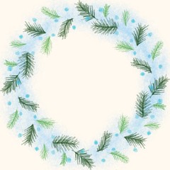 wreath with green and blue colored watercolor painted flowers for Christmas, clipart on a white background