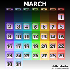 Colorful calendar for March 2020 in english. Set of buttons with calendar dates for the month of March. For planning important days. Banners for holidays and special days. Vector Illustration.
