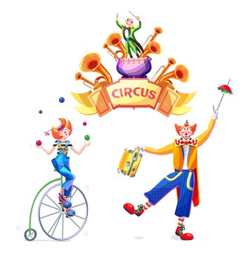 Circus Set Of Character, Including Juggler By Unicycle, Clown With Umbrella And Entertainer With Trumpets. Vector Isolated Illustration On White Background. Illustration In Cartoon Style.