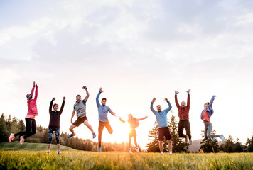 Large group of fit and active people jumping after doing exercise in nature. - obrazy, fototapety, plakaty