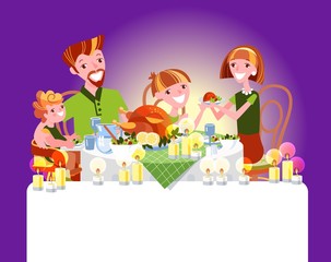 Family dinner. The family sitting with children at the table by candles. Mother holds a roast piece of turkey. Happy people celebrate Thanksgiving or Christmas at home. Vector illustration in cartoon