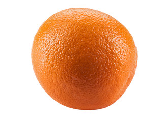 Ripe orange isolated on white background with copy space for text or images. Fruit with juicy flesh. Side view. Close-up shot.