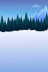 Template for winter postcard. Christmas postcard. Postcard with mountain and christmas tree. Flat style. Vector