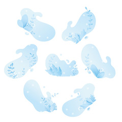 Set Abstract winter background. Vector outdoor design. Christmas card winter landscape with snowflakes, plant and flowers on isolated gradient background. Illustration for cards, banners, invitations