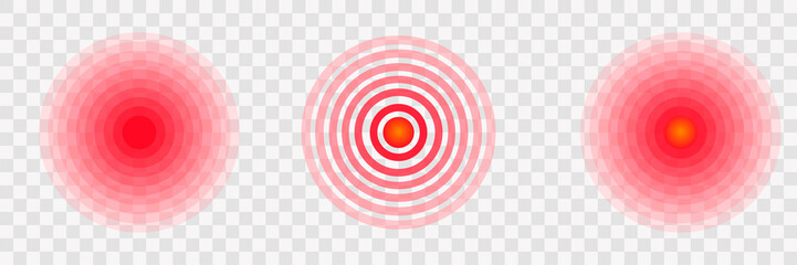 Pain concentration icons. Red and transparent circles showing the epicenter of pain. Pain in muscles, legs, head, body. Vector