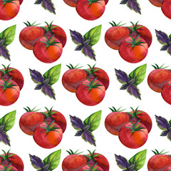Watercolor seamless pattern with tomato. Hand drawing decorative background. Print for textile, cloth, wallpaper, scrapbooking